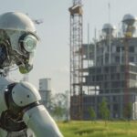 robot AI membangun struktur gedung digital twin infrastruktur