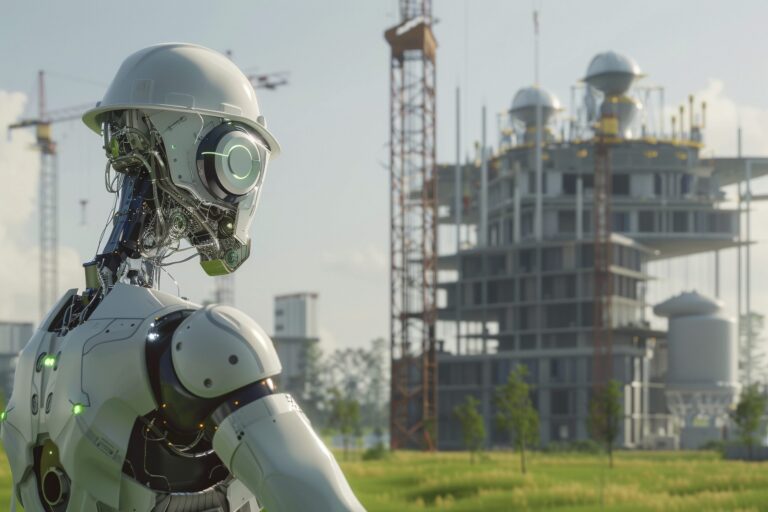 robot AI membangun struktur gedung digital twin infrastruktur