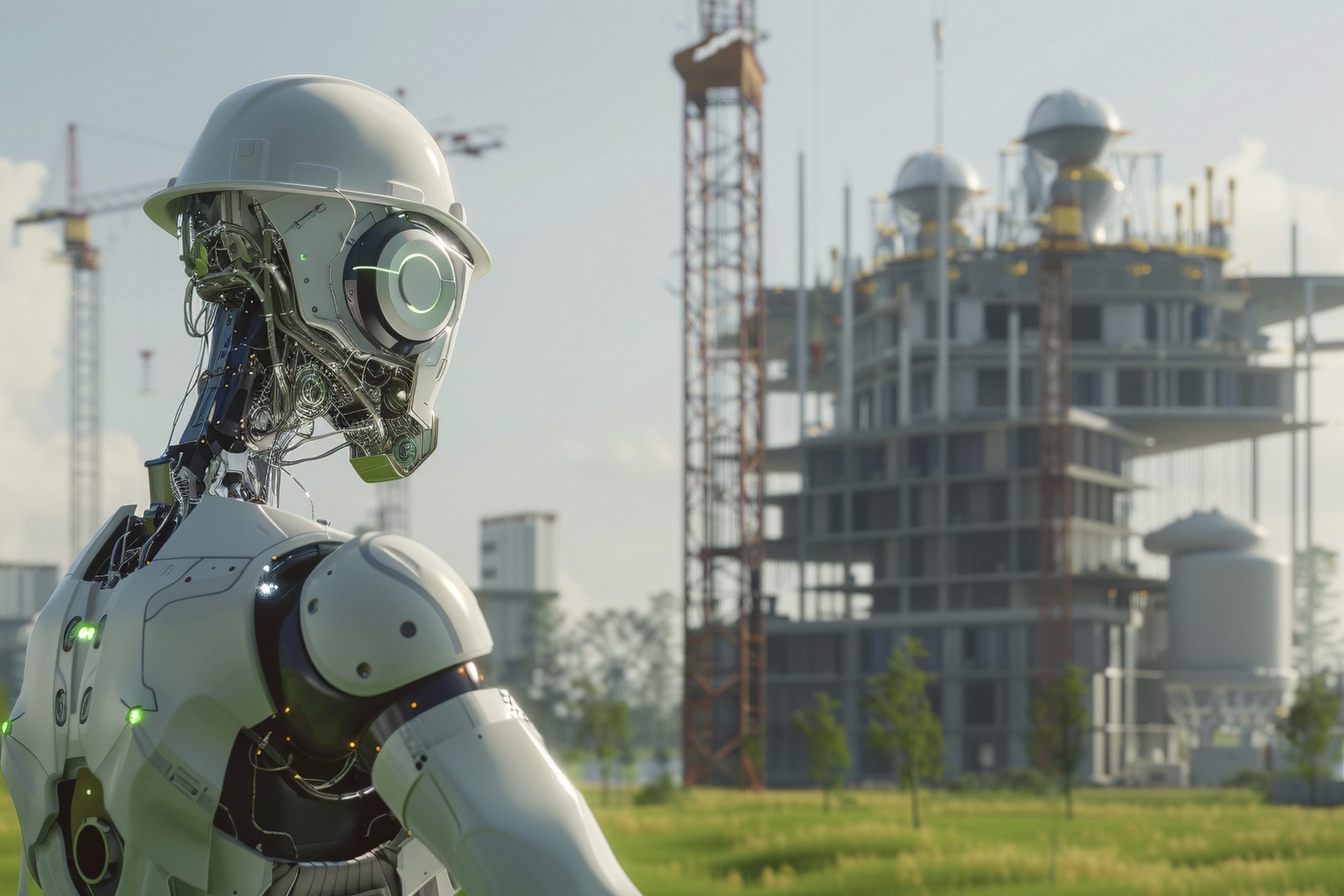 robot AI membangun struktur gedung digital twin infrastruktur