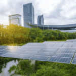 ilustrasi proyek konstruksi berkelanjutan dengan panel surya dan taman atap