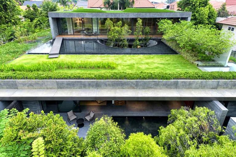 atap hijau di atas gedung tropis modern