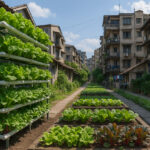 struktur urban farming vertikal di halaman perumahan padat