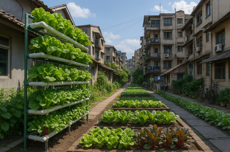 struktur urban farming vertikal di halaman perumahan padat