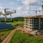 Drone bekerja di lokasi proyek konstruksi berkelanjutan